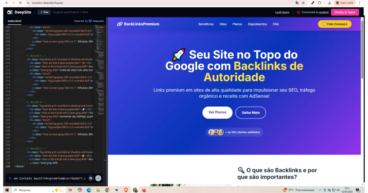 Criação de site profissional com inteligência artificial DeepSite