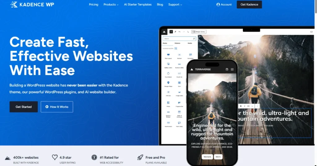 Página oficial do tema Kadence mostrando opções de layout e visualização em dispositivos móveis para sites WordPress