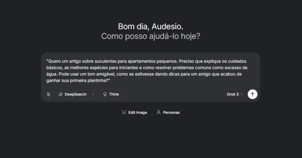 Interface do Grok com prompt para criação de artigo sobre suculentas para apartamentos pequenos