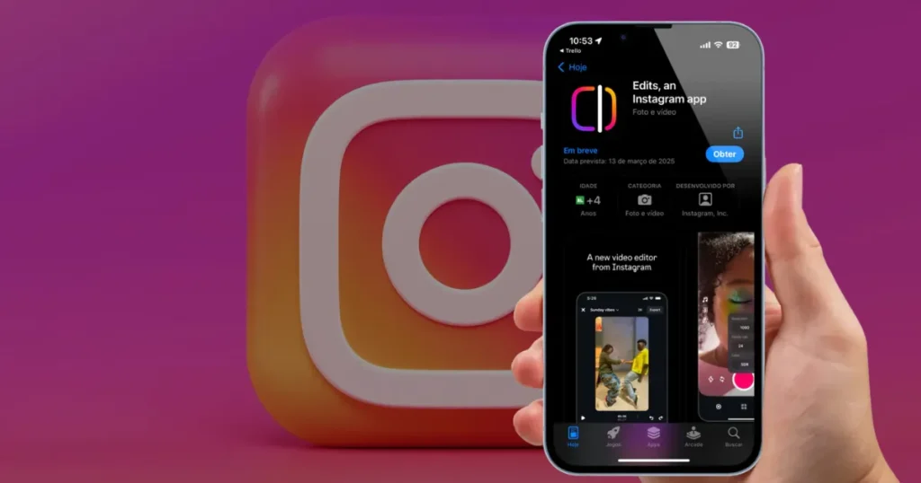 Logo do Instagram ao fundo e um smartphone em destaque exibindo a página de download do aplicativo "Edits, an Instagram app", com previsão de lançamento. Ilustra o Edits como um novo editor de vídeo da Meta.