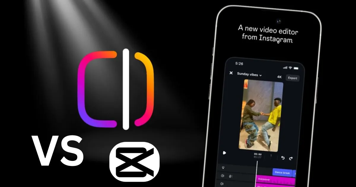 Logos do Edits e CapCut separados por "VS", com um smartphone exibindo a interface do aplicativo Edits, indicando uma comparação de editores de vídeo.