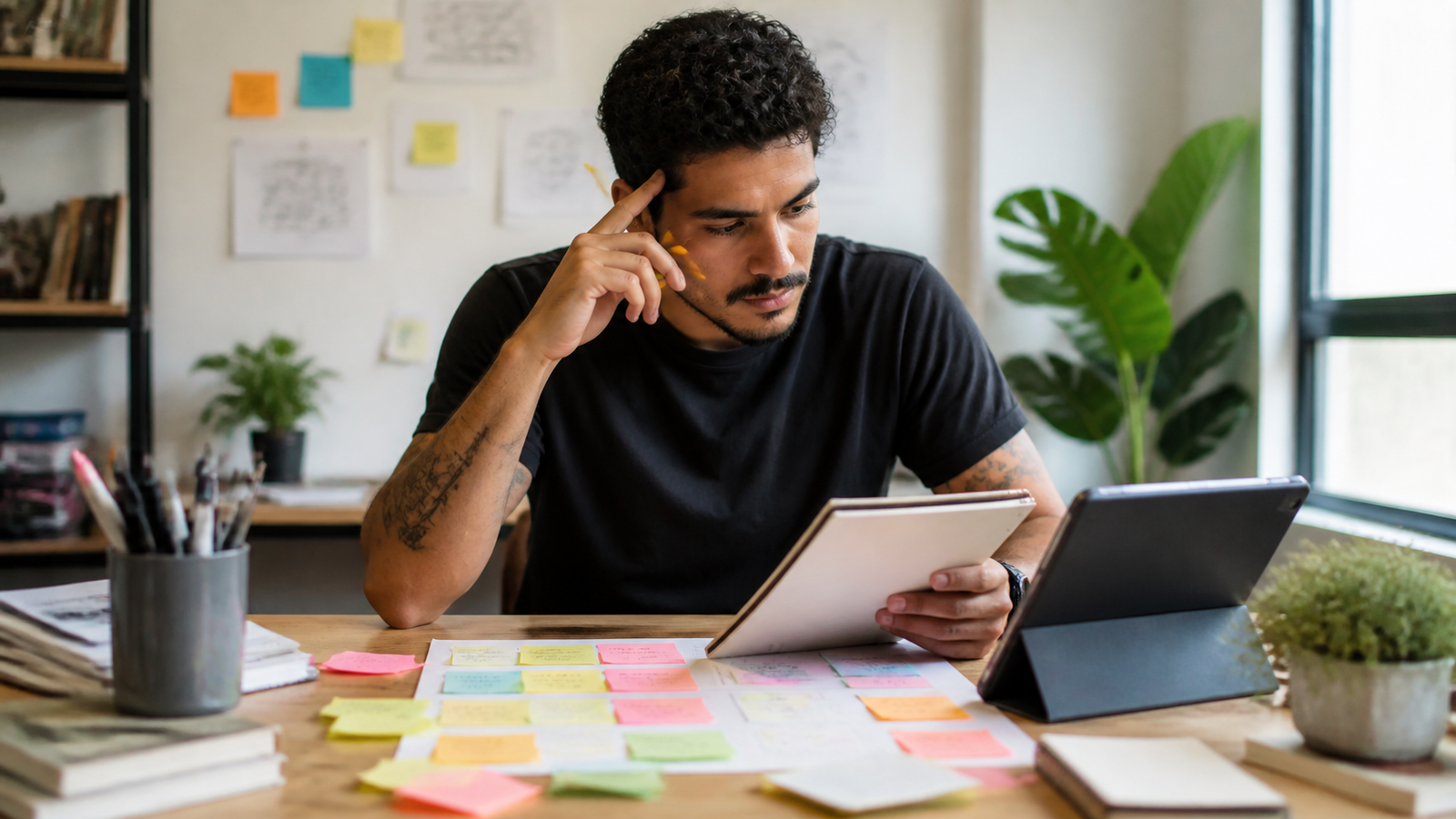 Criador organizando ideias com notas adesivas e tablet