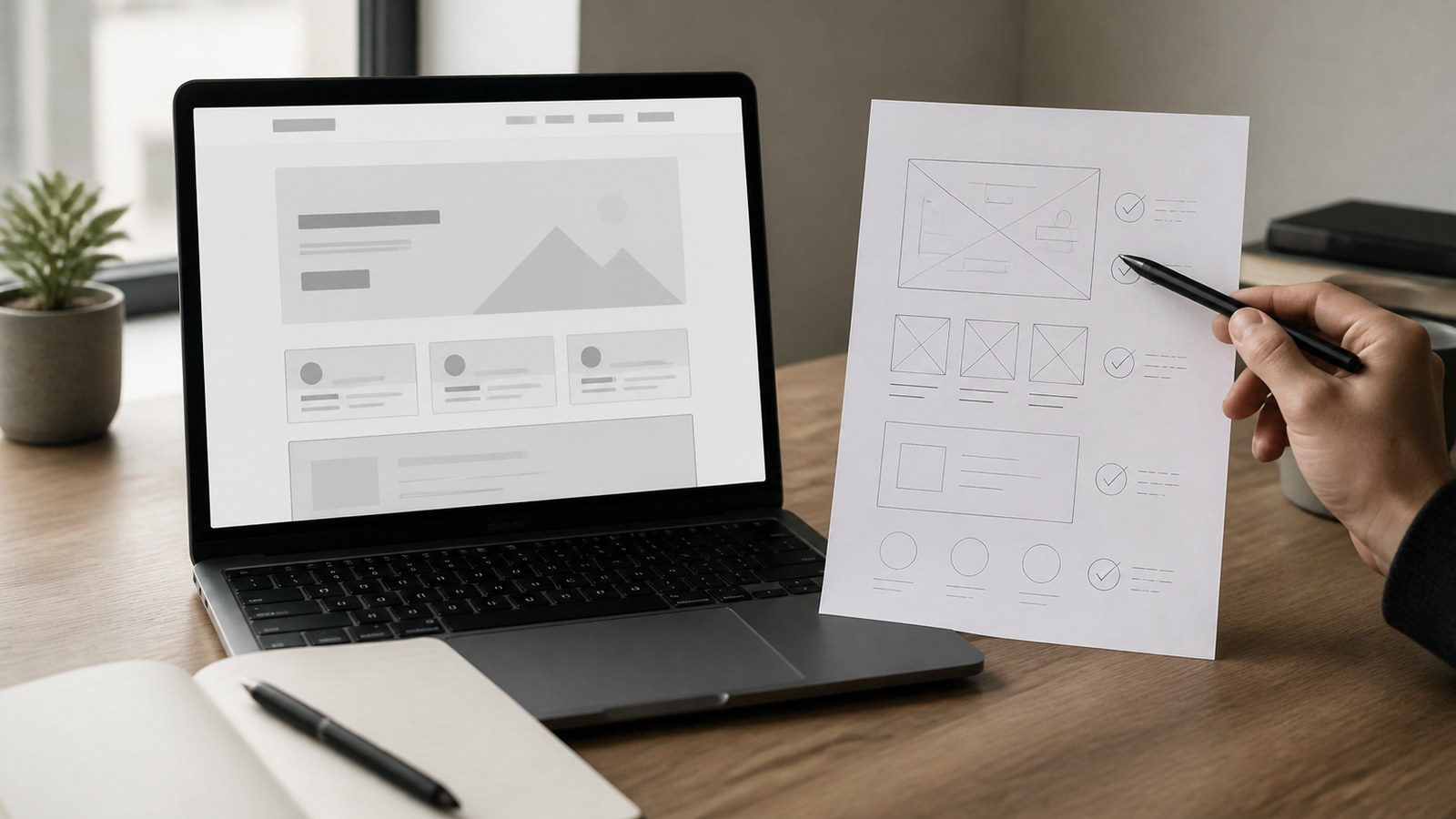 Wireframe de site e checklist de revisão em notebook